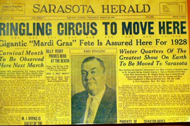Newspaper headling in Sarasota about the Ringling Circus at the Ringling Circus Museum in Sarasota, Florida